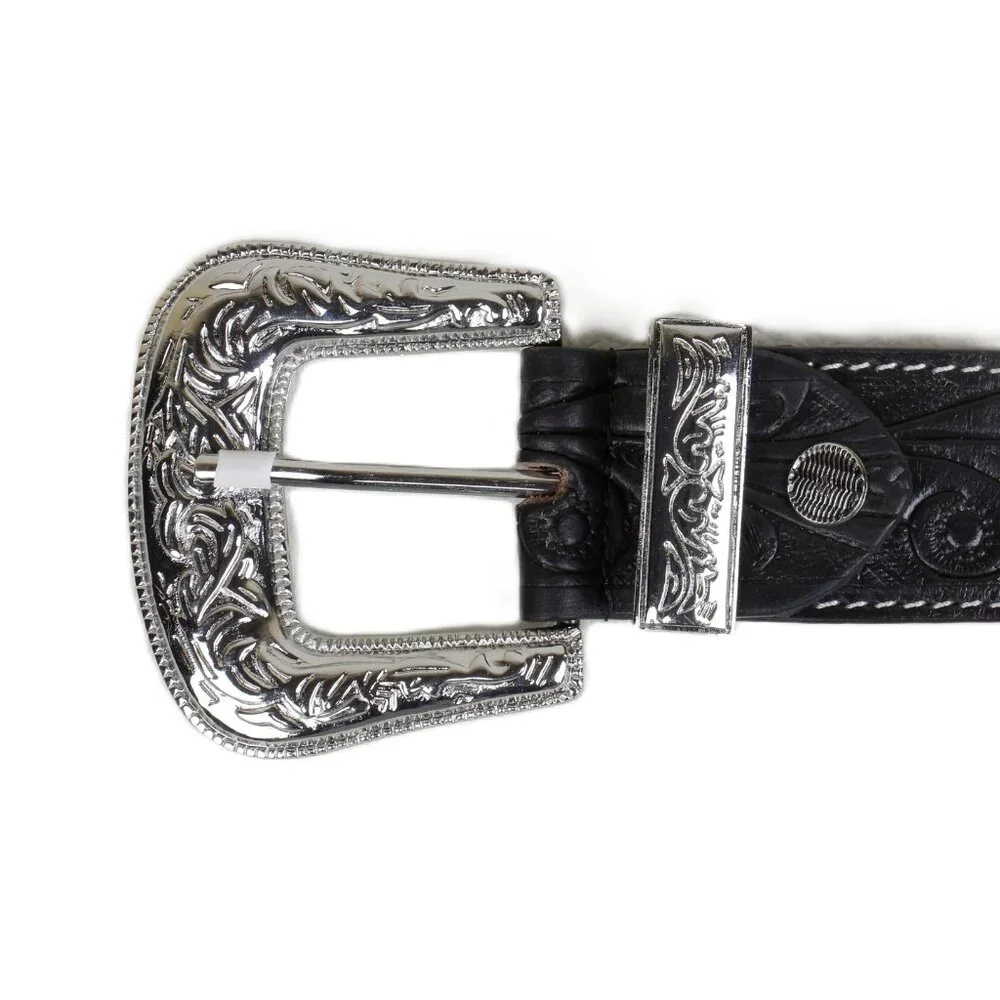 Myra Bag Hand-Tooled Leather Belt Silver Black Size Small NWT